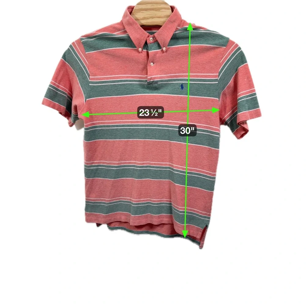 Ralph Lauren Polo Shirt Men's Large Coral Green Stripe Piqué Mesh Cotton